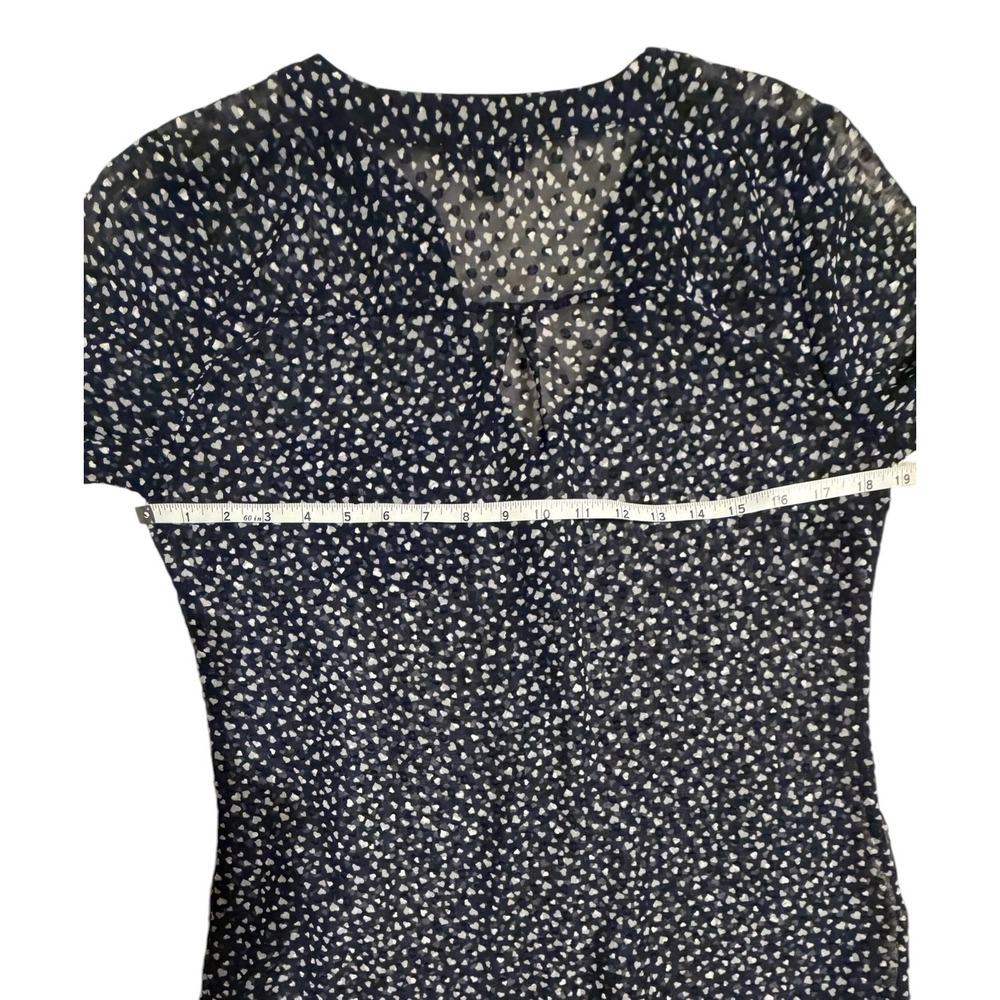 The Limited Navy Blue Heart Print Sheer Blouse Gold Button Roll Tab Sleeve S - Picture 5 of 11